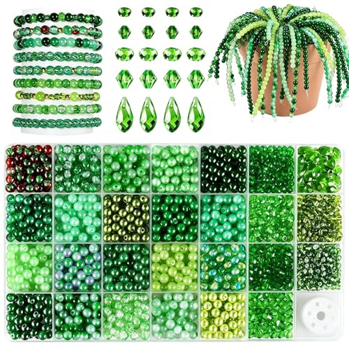 1 200 stycken gröna glaspärlor fasetterade, 2 – 10 mm gröna pärlor att trä upp, kristaller glaspärlor för armband halsband örhängen smyckestillverkning drömfångare, med vit pärltråd
