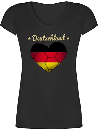 T-Shirt Damen V Ausschnitt - Handball EM 2026 Trikot Ersatz - Handballherz Deutschland - S - Schwarz - 2024 Handballer Germany Shirt t Herz hanball Statement Shirts halbball Tshirt Handball.