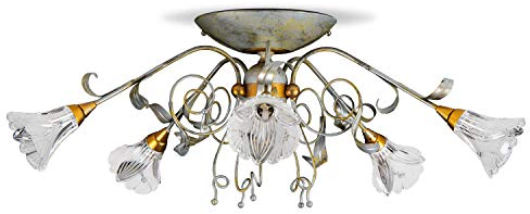 Helios Leuchten 113411 große Florentiner Deckenleuchte Deckenlampe antik-silber | florale Lampe Leuchte handbemalt | Kronleuchter Landhausstil | Lampenglas echtes Bleikristall