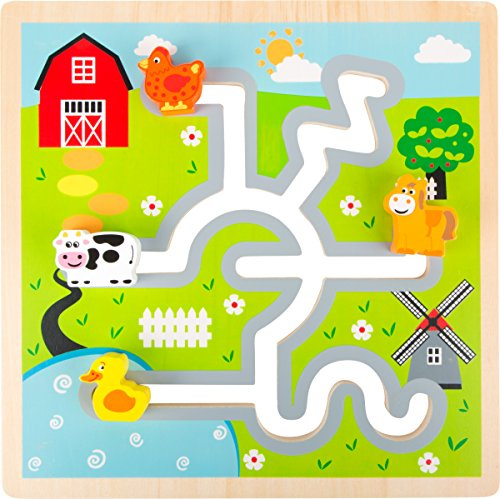 Small Foot 10589 Schiebe-Puzzle aus Holz mit Huhn, Pferd, Kuh und Ente als Puzzleteile, die Bauernhoftiere können zu leicht auf der Strecke verschoben Werden um zu ihren richtigen Plätzen zu gelangen