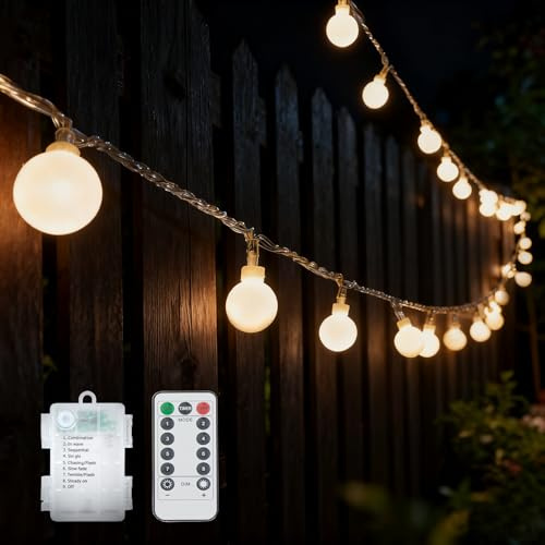 GHJ LED Battery Operated Remote Control Waterproof Indoor/Outdoor Globe Ball String Fairy Lights with Timer / 8 Modes/Dimmable for Christmas Tree Xmas Garden Party (50 LEDs, Warm White)