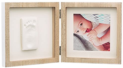 Baby Art Square Frame Set de Marco de foto y Huella de bebé en Arcilla, Recuerdo de las huellas de mano y pie, Madera natural
