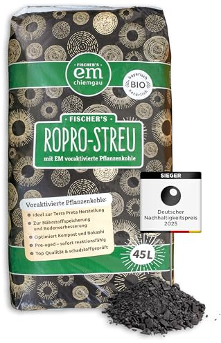 EM-Chiemgau RoPro-Streu 45 L Pflanzenkohle - Wurzelaktivator Bodenaktivator & Kompostbeschleuniger [Voraktiviert mit Effektiven Mikroorganismen] für Terra Preta, Bokashi, Humusaufbau, Garten & Stall
