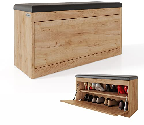 PLATAN ROOM Schuhschrank mit Sitzfläche 100 x 53 x 35 cm Schuhbank aufklappbar Sitzkommode Weiß Eiche Gold (Gold Eiche)