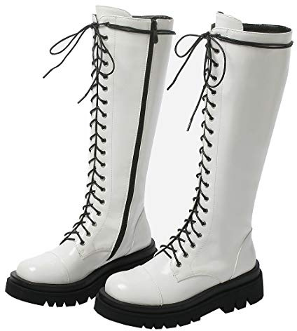 Etebella Damen Knee High Combat Boots Gothic Lack Kniehohe Stiefel zum Schnüren Flache Kniehoch Stiefel Moderne Schuhe (Weiß,41)