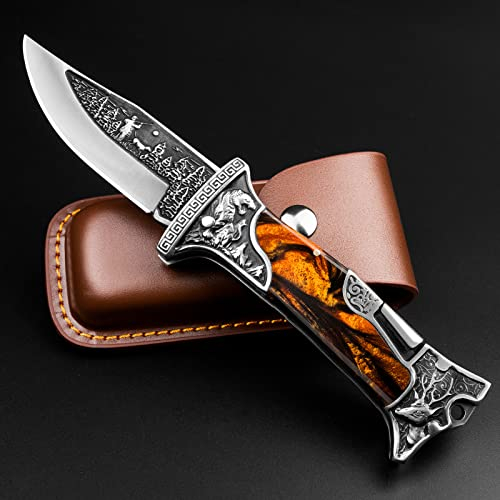 NedFoss TIGER-ROAR Zweihandmesser, Legale mitführbares Taschenmesser, 10cm Klappmesser mit Holster, Schwere EDC Messer mit Gürtelclip, Scharfes Zweihand Klappmesser Outdoor für Sammlung & Geschenke