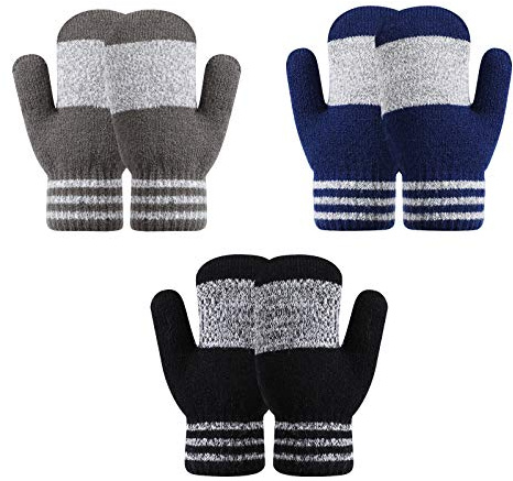 TAGVO 3 Paires de moufles tricotées Chaudes pour Enfants, Motif à Rayures, épais, Coupe-Vent, Gants pour Filles, bébés, Gants Thermiques élastiques Doux pour Tout-Petits (âge de 6 Mois à 3 Ans)
