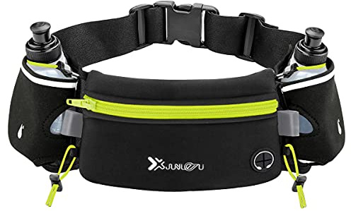 Number-one Running Belt with Water Bottles(2 x 175ML), Hydration Belt Waterproof Waist Pack Bag Fits iPhones Adjustable Sports Waist Pouch for Marathon Running Hiking Cycling, Green, 80cm*12cm*0.5cm