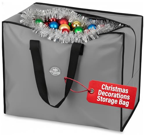 Christmas Village Premium Christmas Decoration Storage Bag - Durable Christmas Storage Bag with Double Zipped & Handles for Wreath, Baubles, Lights, Tinsel (Grey, Decoration Storage)