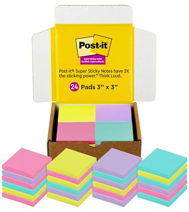Post-it Super Sticky Notes, 24 Sticky Note Pads, 3 x 3 in, School Supplies, Office Products, Notes for Vertical Surfaces, Monitors, Walls and Windows, Assorted Colors