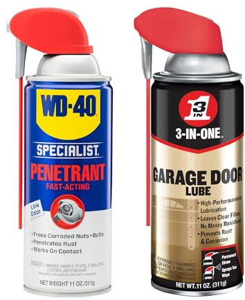 WD-40 Specialist Penetrant & 3-in-ONE Garage Door Lube Combo Pack, Penetrant for Breaking Rust Bonds & Lubricant for Smooth Garage Door Operation, High-Performance No-Mess Formulas, 11 Oz.
