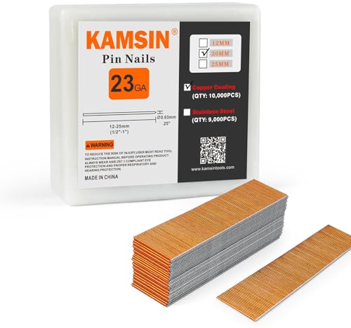 KAMSIN Clavadora neumática opcional de calibre 23, P620 clavos de pin, longitud de 20 mm, revestimiento de cobre, pistola de clavos sin cabeza para manualidades, gabinetes