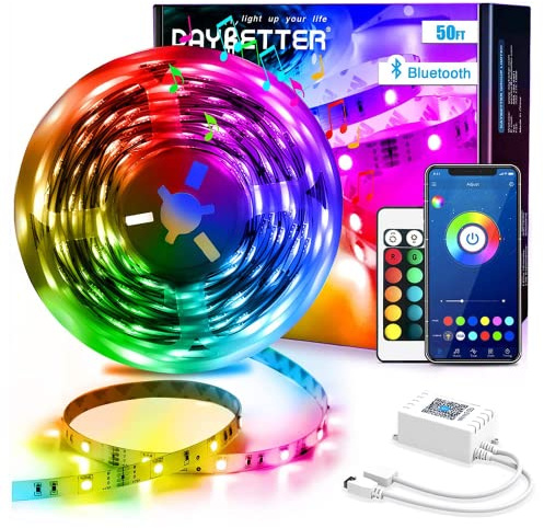DAYBETTER Tira de luces LED de 15 m, 5050 RGB, con Bluetooth, control por aplicación, con mando a distancia, para dormitorio, cocina, salón y TV