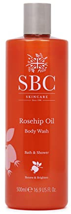 SBC Skincare Rosehip Oil Body Wash 500ml, Anti-Ageing Bath and Shower Body Wash with Rosehip Oil and Vitamins A, C and E, Delicate Scent