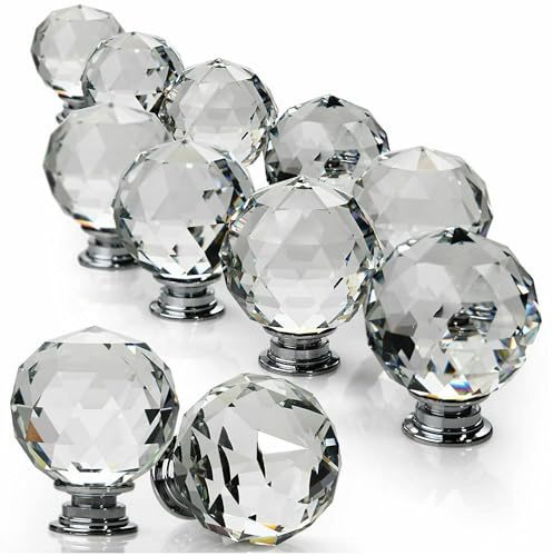 ZENO 30MM Clear Crystal Diamond Glass Door Knobs Handle Cupboard Pull Drawer Kitchen Cabinet Drawer Knob + Screw Set Home Decorating for Bedroom Furniture, Bedside Cabinet, Dresser Unit and Chest (12)