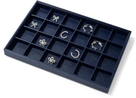 Oirlv Blau PU Leder Stapelbares Schmucktabletts 24 Grids Schmuck-Display-Tablett Trinket Ohrring Ring-Organizer-Tablett(35X24 CM)