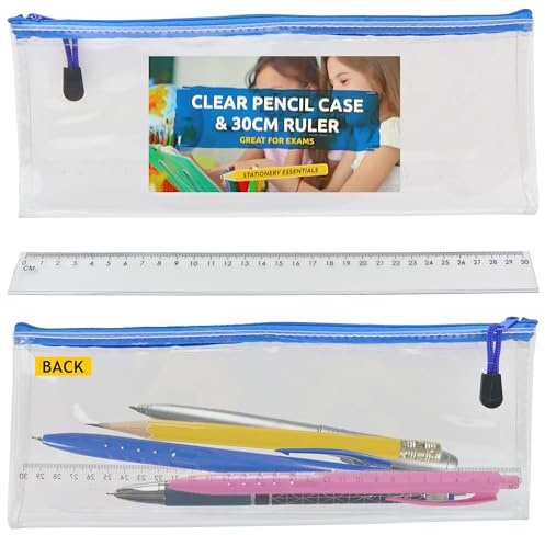 32 cm långt pennfodral med 30 cm linjal | kompatibel med brittiska examensregler, stort transparent pennfodral