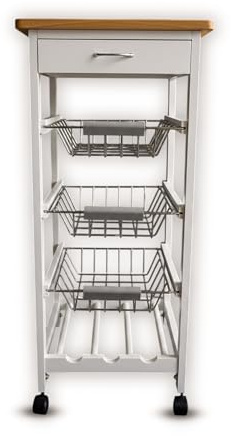 FEFE® Kitchen Trolley Wooden 3 Tier Rolling Basket Organiser Cart Utility Storage Cart with 3 Basket Drawers Wine Rack, Wheels for Dining Room