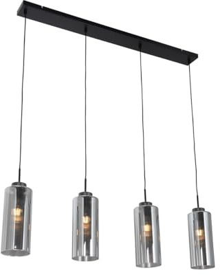 Qazqa Esstisch Art Deco Pendelleuchte, Pendellampe - Laura - Schwarz mit Rauchglas, 4-flammig, 108cm, Ideal als Esszimmerlampe und