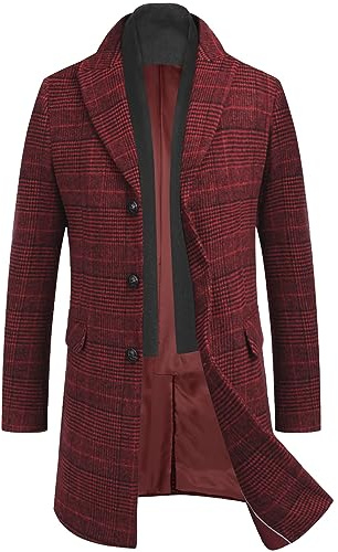 COOFANDY Manteau en Laine pour Hommes Manteau d'hiver Trench-Coat Coupe-Vent décontracté Veste à Revers Hommes Manteau en Laine Chaud Business Slim Fit à Carreaux Rouge M