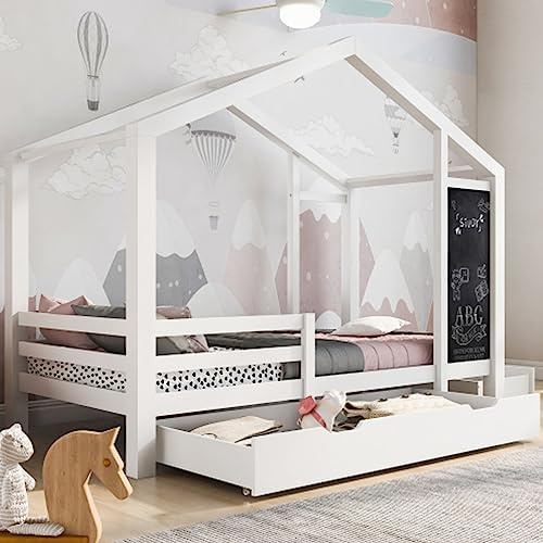 Tcewhhy Kinderbett Hausbett 90 X 200 cm Holzbett Mit Tafel Und 2 Schubladen Bodenbett Massivholz Mit Zaun Und Lattenrost Jugendbett Für Kinderzimmer Funktionsbett Weiß