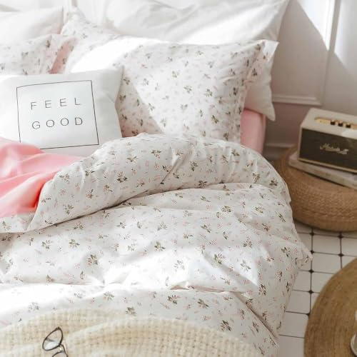 Pink and White Duvet Cover full Size - 3 Pcs Floral Flower Leaf Pattern Printed Reversible Microfiber Comforter Cover Bedding Set - 80X90 Soft Aesthetic Cottage Preppy Bedroom Decor for Women Men