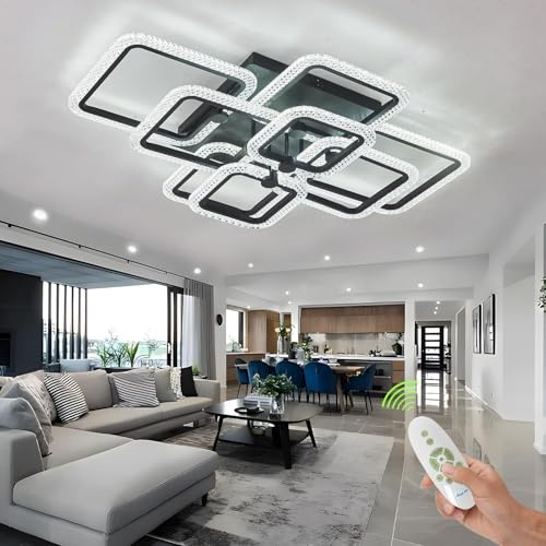 HIHIHOMY Modern LED Dimmbar mit Fernbedienung, Schwarz Wohnzimmerlampe Led Deckenleuchte Kristall,Deckenlampen Led Deckenleuchte Wohnzimmer 8 Quadratischer Rahmen