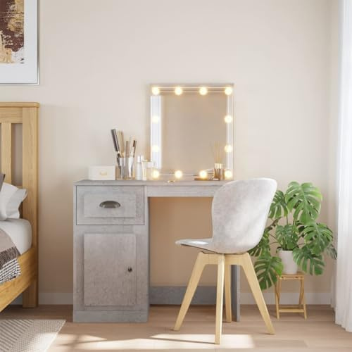 Homgoday Toilette con Luci LED Grigio Cemento 90x42x132,5 cm, Tavolo da Trucco, Sgabello, Mobile con Luci