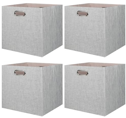 BinWhiz 4 Pack Collapsible Linen Fabric Storage Cubes/Organiser - 33x33x33 cm Fabric Bins for Kallax Shelves, Cabinet, Bookcase, Closet - Versatile Home Organizer Boxes for Decor and Laundry (Grey)