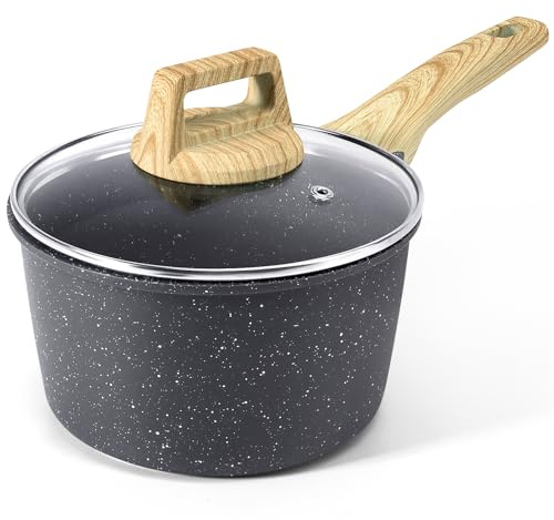 GiPP Nonstick Sauce Pan with Lid - 1.5L Small Sauce Pot Non Stick Cooking Pot with Stay-Cool Handle, Kitchen Pots Granite Saucepan Induction Compatible, PFOA Free(Grey, 16cm)