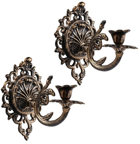 Polifish Antique Gold Wall Candle Holder Set of 2, Vintage Taper Candle Wall Sconce, Cast Iron Candlestick Holders Decor for Living Room, Fireplace and Yard Channel