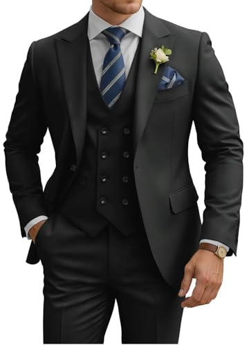 TIJOFA 3-teiliger Anzug für Herren, schmale Passform, zweireihiger Anzug, Hochzeitsanzüge, klassischer Ein-Knopf-Anzug, formell, Abschlussball, Abendessen, Smoking, Schwarz, L