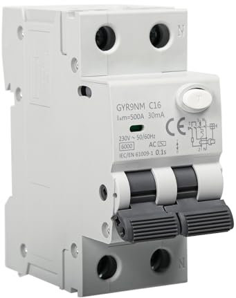 Jadeshay Interruttore Automatico Differenziale, Interruttori Magnetotermici Tipo AC GYR9NM RCBO 6KA MCB Salvavita con Protezione dalle Perdite 1P+N 16A 30mA