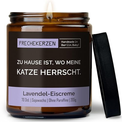 Lustige Duftkerze mit Spruch für Katzen Besitzer & Liebhaber | Handgemacht aus Sojawachs | In Geschenkbox | Originelles Valentinsgeschenk Gastgeschenk Katzenhalter Cat Lovers |Lavendel-Eis