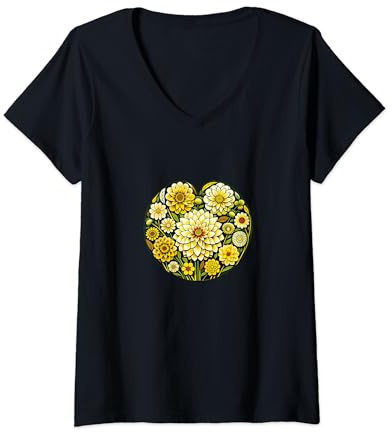 Womens Dahlia Flower Art Yellow Dahlias floral artwork V-Neck T-Shirt
