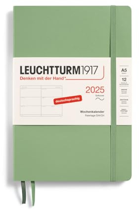 LEUCHTTURM1917 370567 Wochenkalender Medium (A5) 2025, Softcover, Salbei, Deutsch
