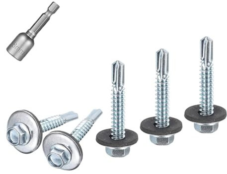 Pafnisoin 50 Tornillos Autorroscantes 4,8 x 20 mm Tornillos para Fontanería Color Antracita con Arandela de Sellado Tornillos Trapezoidales para Chapa Tornillos para Chapa con Casquillo Hexagonal