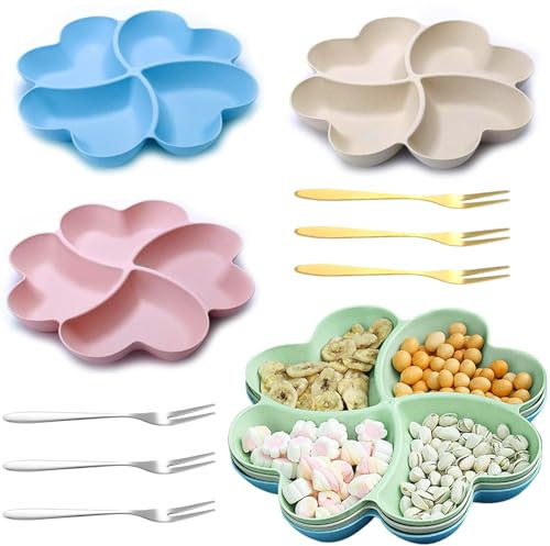 EVDZNA 4 Stück Herzförmige Snackteller, Tabletts mit 4 Fächern, Snacktablett für Familien, mit 6 Stück Fruchtgabel Aus Edelstahl, Familienfeier Wiederverwendbar Snackschale für Obst, 4 Farbe