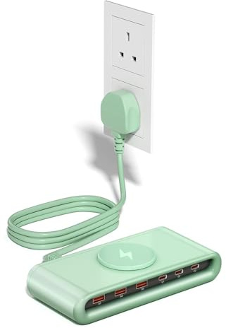 6 Port USB C Charging Station 145W Desktop Charger with Wireless Pad | 10W Magnetic Wireless Charger, QC3.0 PD45W Fast Charge, USB C Power Hub, iPhone 16/15/14, iPad, Samsung Galaxy, Green