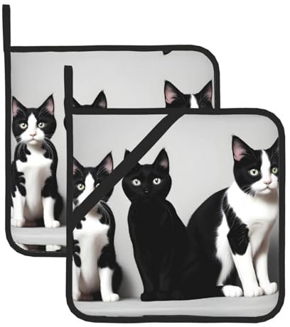 WHJYYXDE Set di 2 presine da cucina, 20,3 x 20,3 cm, isolamento termico, tessuto impermeabile e resistente, stampa con gatti bianchi e neri