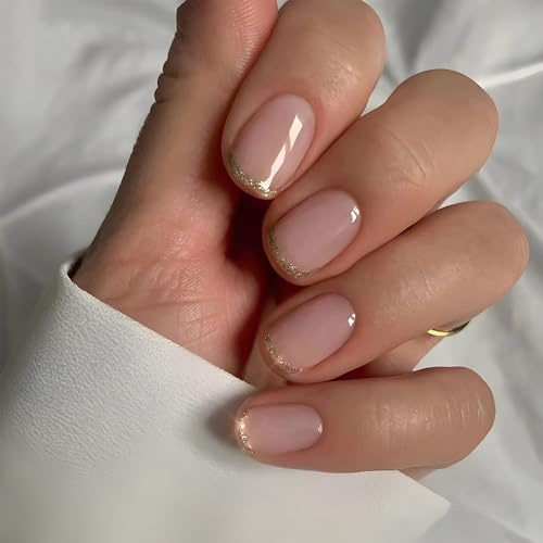 Stbisen Press On Nails Short Square, Pink Fake Nails with French Tips and Gold Border Accent Glitter Designs, Glossy Gel Finish Acrylic Nails Press Ons Short Thick Natural Reusable Glue On Nails 30Pcs
