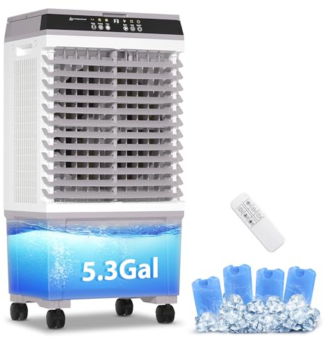 LifePlus Evaporative Air Cooler 1800 CFM Swamp Cooler Portable Cooling Fan with 5.3 Gallon Water Tank Remote Control, 3 Speed 3 Modes, 4 Ice Packs More Cooler, for Room Garage Patio
