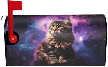 Cat Sitting Inside Nebula Mailbox Covers Magnetic Wraps Post Letter Box Cover Garden Home Decor 21x18 in