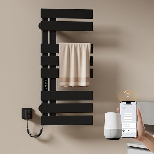 EMKE Elektrischer Handtuchheizkörper 850x400 mm, Handtuchwärmer mit WiFi-App-Steuerung, Timer & Thermostat, Badheizkörper zur Wandmontage, 230 Watt, IPX5, Schwarz