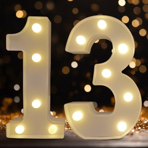 DyingSwan Led Light Up Numbers, 13th Birthday Decorations, Marquee Numbers Lights, Battery Powered Light Up Sign for Sweet 13 Decor Party (White)