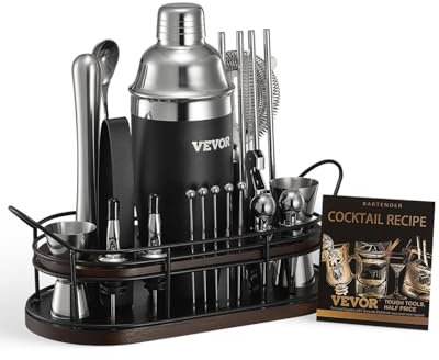 VEVOR Ensemble Shaker à Cocktail, 23 pcs, Accessoire pour Barman Martini en Acier INOX avec Support Solide, cuillère à mélanger, doseur, passoire, Bec verseur, Pince à glaçons, Tire-Bouchon, Argent