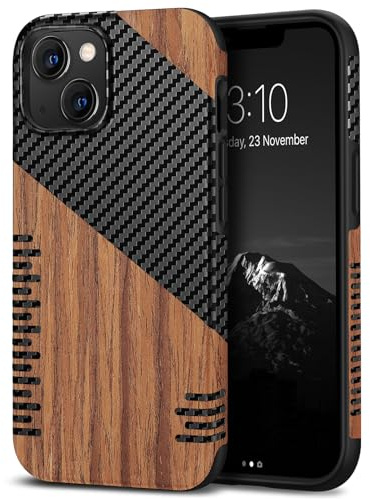 TENDLIN Coque Compatible avec iPhone 13 Etui Hybride en Bois et Carbone et Cuir Compatible avec iPhone 13 (Twill)