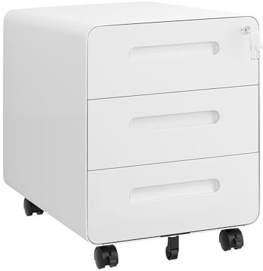 HOMSTEEL Rollcontainer, Mobiler Aktenschrank mit Schloss, Abgerundeten Ecken, 4 Schlüssel, Druckertisch, Bereits Vormontiert (Weiß, 3 Schubladen - 50cm H)