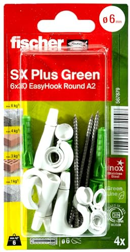 fischer Tasselli di espansione SX Plus Green 6 x 30 EasyHook Round, tasselli di espansione sostenibili, specialista in materiale solido, con viti in acciaio inox A2 e gancio rotondo, 4 pezzi