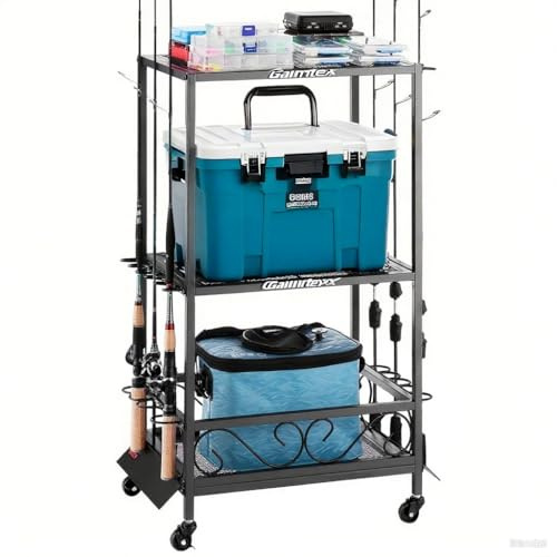 VEVOR Support de canne à pêche à 10 pôles, chariot mobile à roulettes pour canne à pêche, pour garage, maison, intérieur, pour rangement de boîtes de pêche, moulinets, accessoires, cadeaux pour hommes